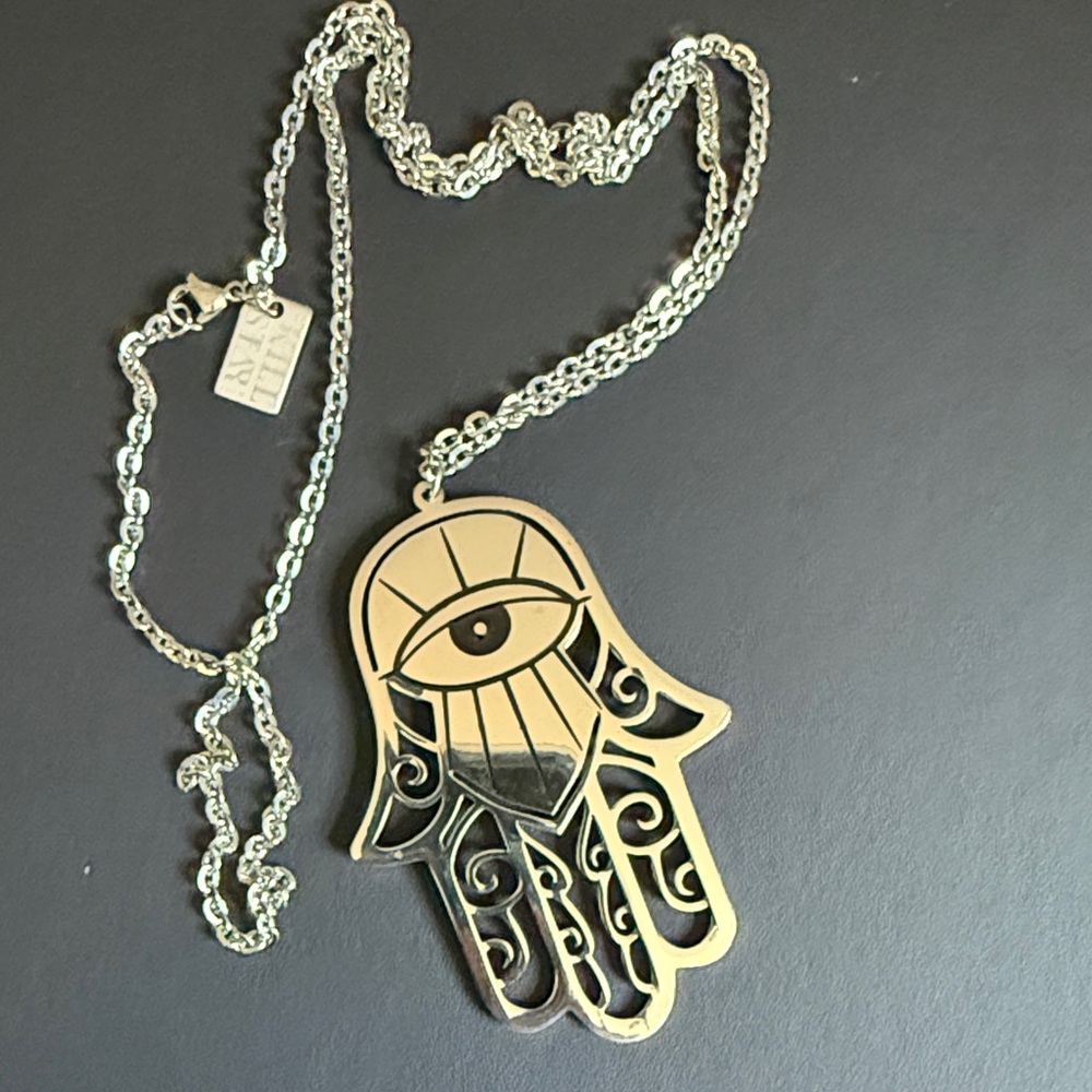 Killstar Hamsa Hand Pendant Necklace with Eye Motif - Silver & Black Long